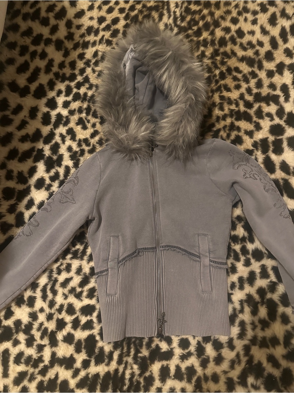 Named Collective Gray Faux-Fur Hooded Zip Jacket